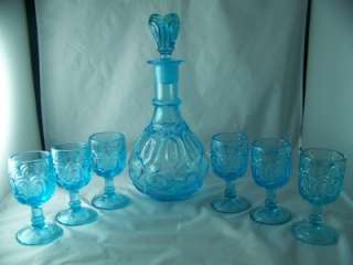 WRIGHT MOON AND STAR ICE BLUE DECANTER AND (6) SIX 3 OZ. WINE 
