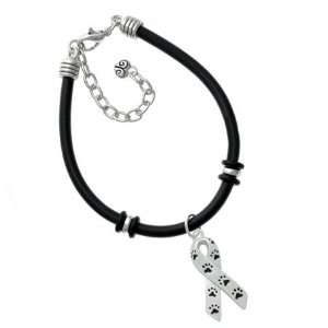  Ribbon with Paws Silver Plated Black Rubber Charm Bracelet Jewelry