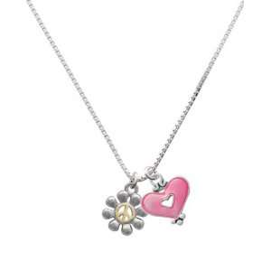   Daisy with Gold Peace Sign and Trasnlucent Pink Heart Charm Necklace