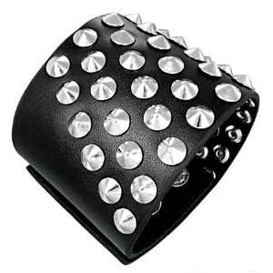  Spike Studded Wide Black Leather Cuff Bracelet Jewelry