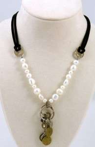 SILPADA Faux Black Leather Sterling Silver, Pearl, Brass Coin Necklace 