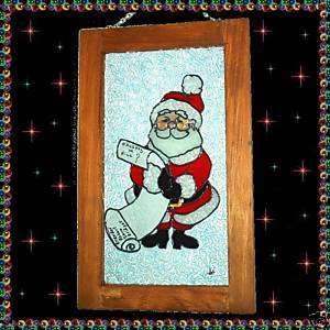 BEAUTIFUL Painted Stained Glass Framed Window Art SANTA  