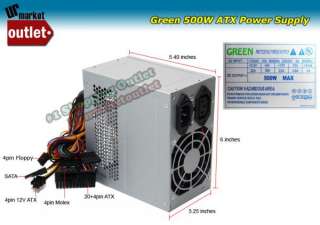 Green Silver 500W Cool Silent ATX Power Supply PSU 20 24pin SATA 