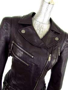 womens black BEBE genuine leather biker motorcycle cropped jacket sz 