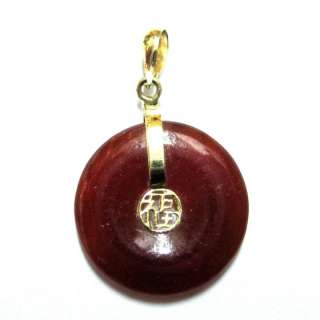 14K Gold 16mm Red Jade Good Fortune Round Donut Pendant  