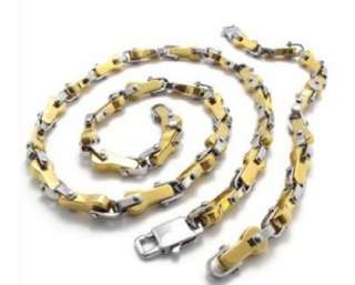 Stainless Steel Mens Gold Silver Bracelet Necklace Set  