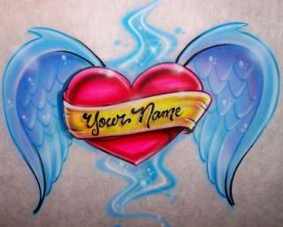 Airbrushed Heart Angel Wings Custom Tattoo Style T Shirt Airbrush any 