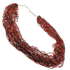 Beautiful 30 Strand Red, Multicolor Seed Bead Necklace   Handcrafted 