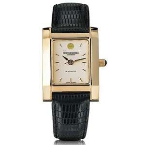 Northwestern University Womens Swiss Watch   Gold Quad with Leather 