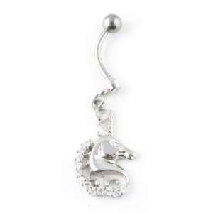  925 Sterling Silver Dangle Unicorn Belly Ring with Hand 