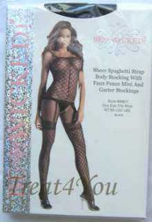   Sexy Sheer Bodystocking with Faux Fence Net Mini and Garter Stockings
