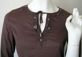   BEADED TUNIC TOP BOHO BEACH COVER UP BROWN EMBELLISHED COTTON XS EUC