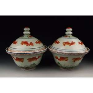  Porcelain Lidded Bowls with Fish&Flower Pattern, Chinese Antique 