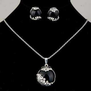   round black agate rhinestone bead chain necklace earrings set  