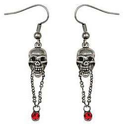 Pewter Skull with Chained Red Crystal Earrings  