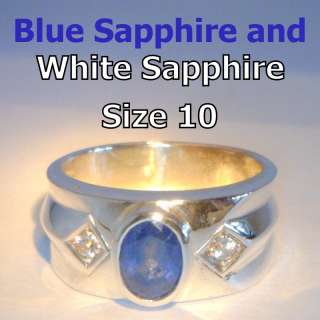 Mens Blue and White Sapphire Handmade Sterling Silver Gents Ring size 