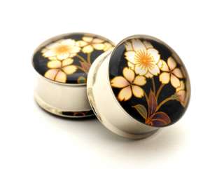 Pair Japanese Flower Picture Plugs gauges STYLE 4  