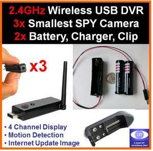   Wireless USB Receiver, 3x Smallest Camera, 2x Battery & Clip Charger