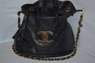 Chanel Black Caviar Quilted Drawstring Bucket Bag Purse Handbag 