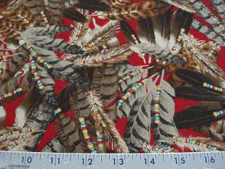 COTTON Fabric Native American Feathers Beads RED  