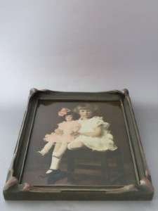   ART NOUVEAU WOOD PICTURE FRAME w PAINTED TINTED GIRL W DOLL PHOTO VTG