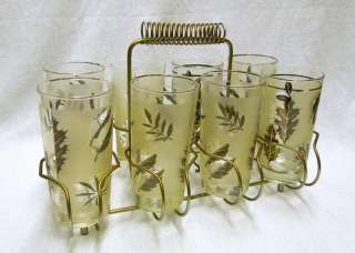 Vintage Mid Century LIBBEY SILVER LEAF GLASSES / TUMBLERS w. Metal 