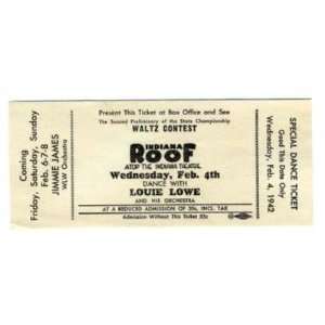   Contest Ticket at Indiana Roof 1942 Indianapolis 