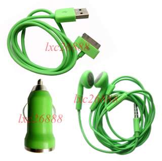 1X USB Data Cable Cord+Mini Car Charger+Earphone for Iphone 4G 3G 3GS 