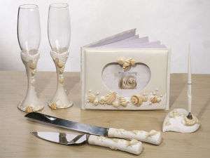 BEACH Wedding Guest Book/Pen Kinfe Toasting Flutes Set  