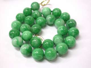 stunning 14mm round CRUDE green jade beads necklace 14K  