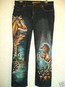 NEW Hand painted HORSE WESTERN Jeans DENIM US 6 EURO 32  