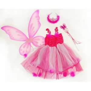 Kids Hot Pink & Fuschia 4 Pc Fairy Pixie Costume with Dress, Wand 