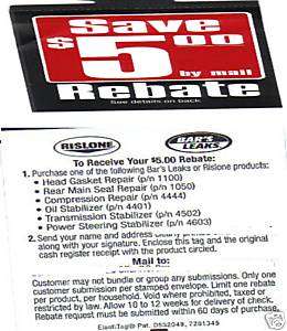 BARS LEAKS RISLONE $5 REBATE mail in form coupons /car  