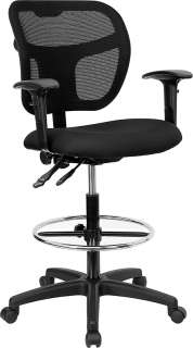 Black Mesh Ergonomic Drafting Stool with Arms Footring  