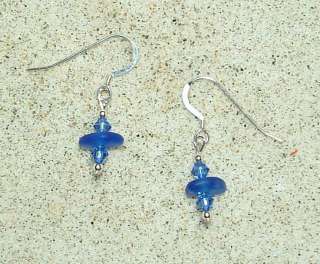 Sea Beach Glass Cobalt Blue Drilled Swarovski Earrings SS  