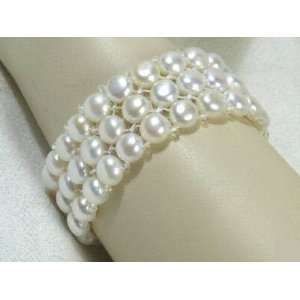    3 Strand White Button Pearl Stretch Bracelet