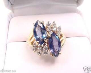 CEYLON BLUE SAPPHIRES MARQUISE & DIAMONDS 14K GOLD RING  