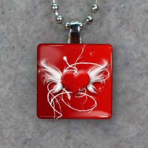 Winged Heart Small Glass Tile Necklace Pendant 985  