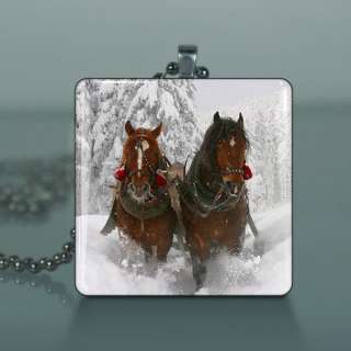 Christmas Horse Sleigh Glass Tile Necklace Pendant 503  