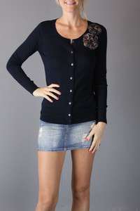   Vintage Style Floral Brooch Navy Blue Cardigan Sweater S, M, L  