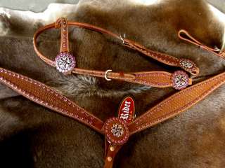 BRIDLE BREAST COLLAR WESTERN LEATHER HEADSTALL PURPLE FLORAL HORSE 