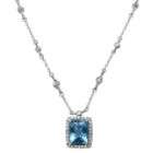 Blue Topaz and Cubic Zirconia Square Drop Necklace in Sterling Silver