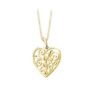 14K Yellow Gold Heart Shaped Leaf and Scroll Design Filigree Pendant 