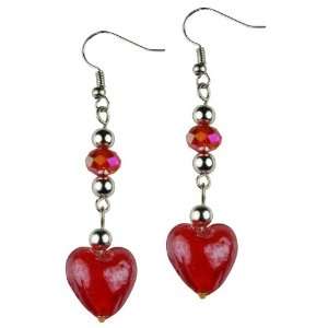  Red Heart Shaped Stone Dangle Earrings with Crystal Bead 