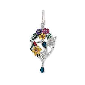   Silver Enameled CZ and Sim. Gemstones Hummingbird 18in Necklace