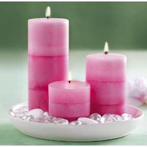  Rose Scented Pink Pillar Candles w/ Plate & Stones 