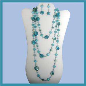 Turquoise Blue Abalone Shell Pearl Bead Long Earrings Necklace Set 