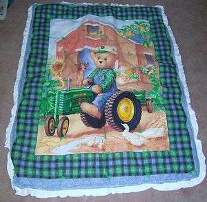 John Deere Teddy Bear Tractor Farm Scene Baby Quilt Blanket Boy Girl 