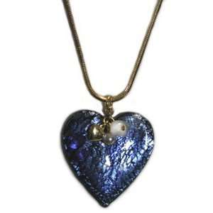 Blue Heart Charm Necklace 14K Gold Plate Snake Chain Lampwork Glass 
