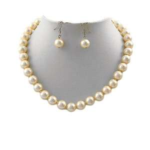 Silvertone Cream Glass Faux Pearls Necklace and Earrings Set Fashion 
